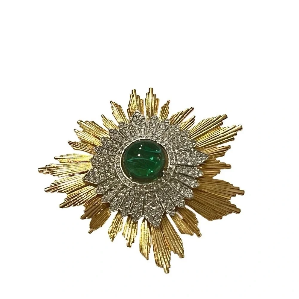KJL Kenneth Jay Lane Gold Rhodium Crystals With Emerald Starburst Pin New Rare‎